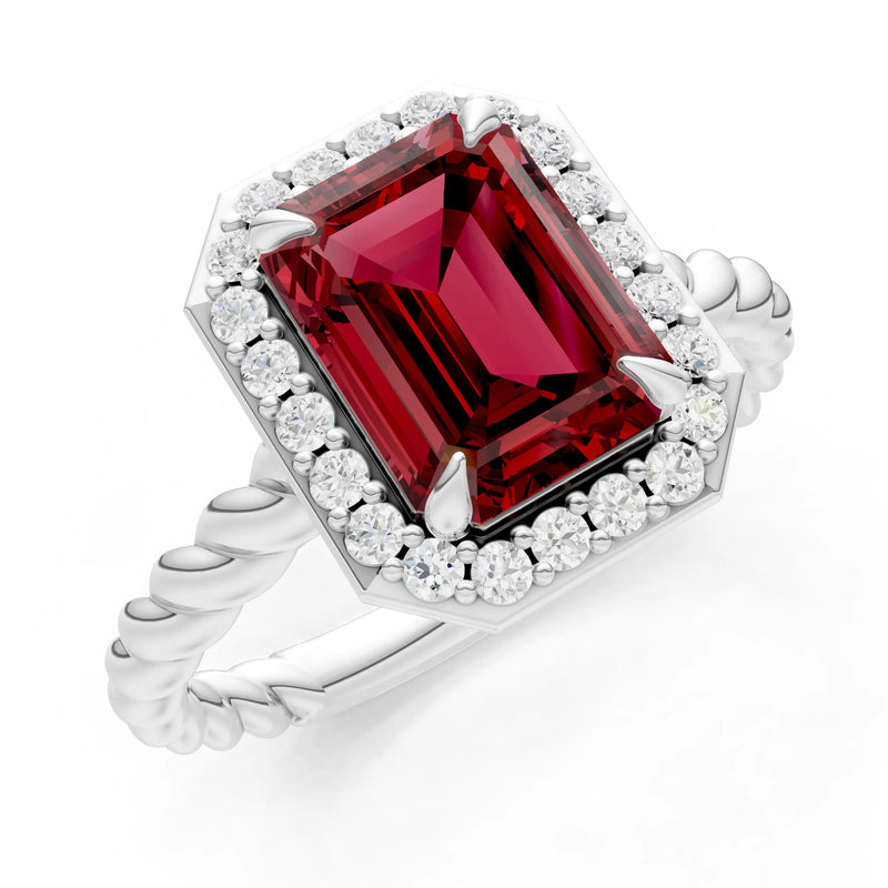 Garnet Twisted Vine Emerald Cut Solitaire Halo Ring