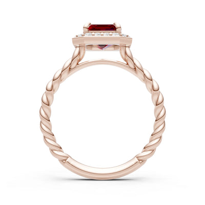 Garnet Twisted Vine Emerald Cut Solitaire Halo Ring