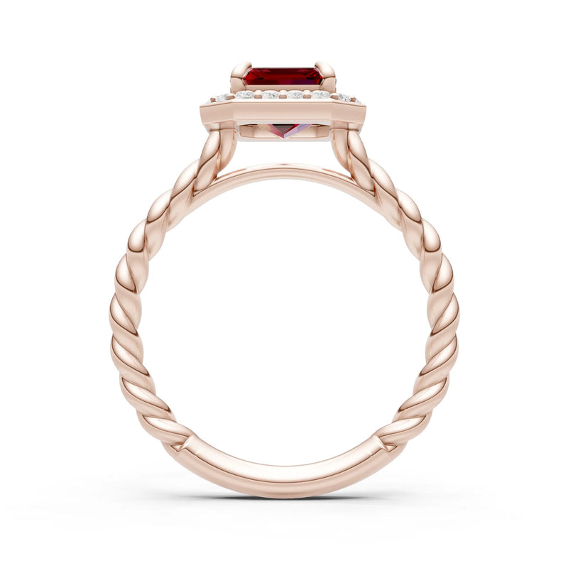 Garnet Twisted Vine Emerald Cut Solitaire Halo Ring