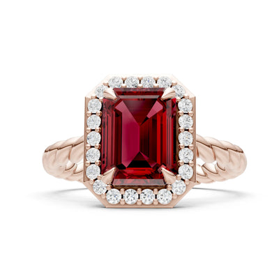 Garnet Twisted Vine Emerald Cut Solitaire Halo Ring