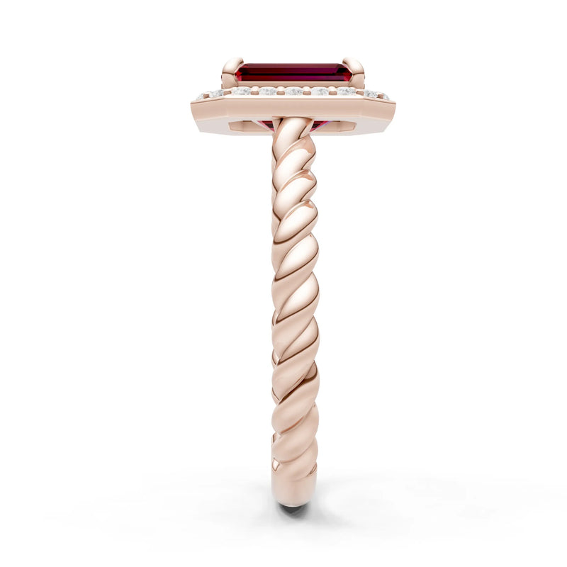 Garnet Twisted Vine Emerald Cut Solitaire Halo Ring