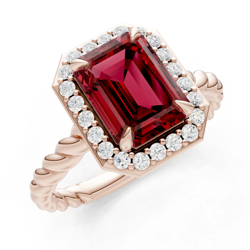 Garnet Twisted Vine Emerald Cut Solitaire Halo Ring