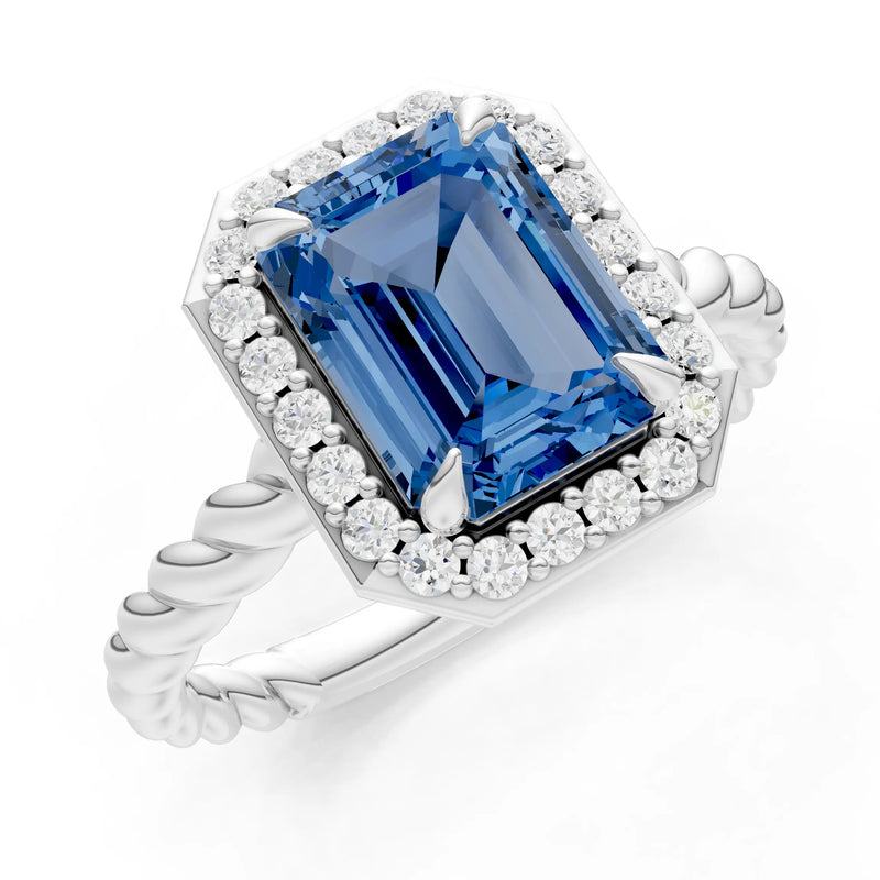 Twisted Vine Emerald Cut Solitaire Halo Ring