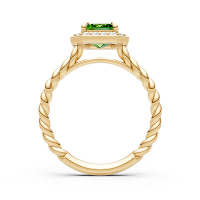 Peridot Twisted Vine Emerald Cut Solitaire Halo Ring