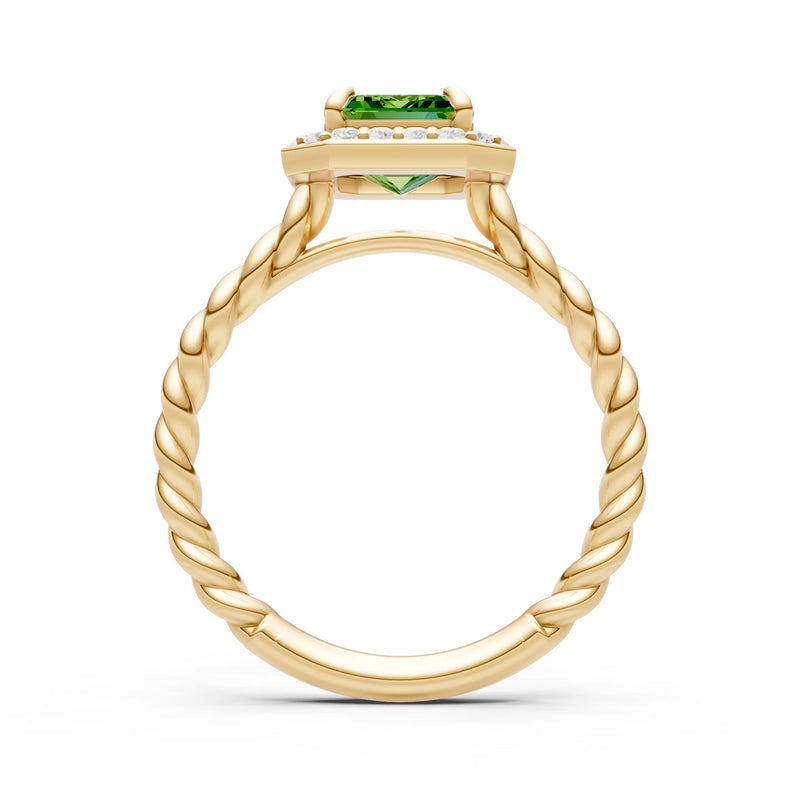 Peridot Twisted Vine Emerald Cut Solitaire Halo Ring