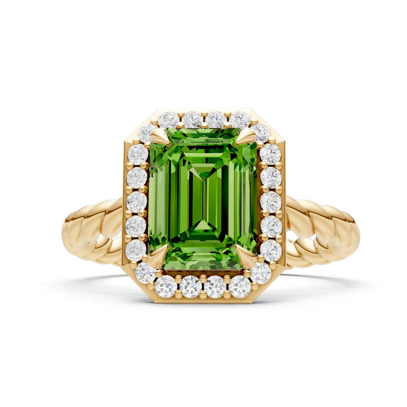 Peridot Twisted Vine Emerald Cut Solitaire Halo Ring