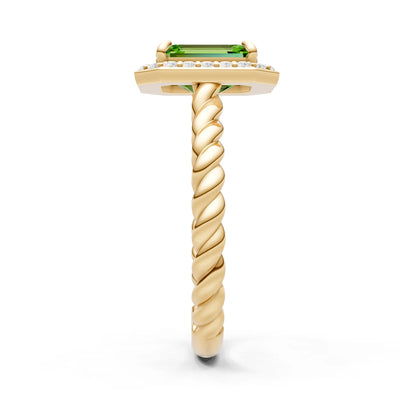 Peridot Twisted Vine Emerald Cut Solitaire Halo Ring