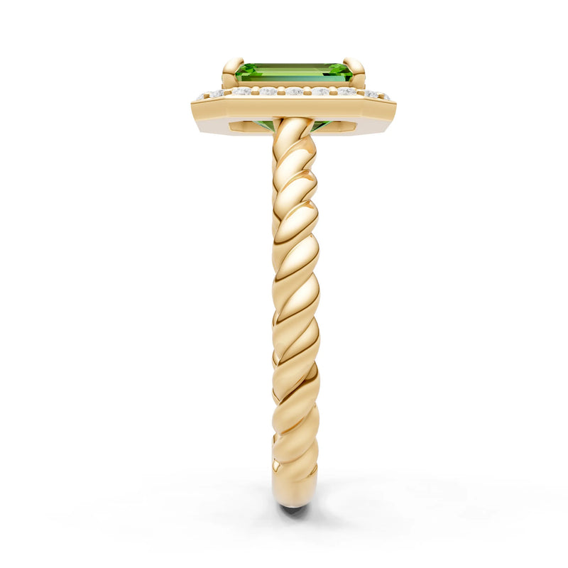 Peridot Twisted Vine Emerald Cut Solitaire Halo Ring