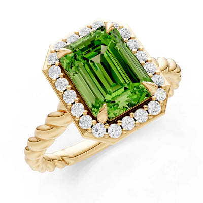 Peridot Twisted Vine Emerald Cut Solitaire Halo Ring
