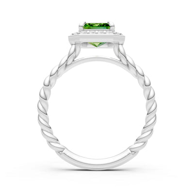 Peridot Twisted Vine Emerald Cut Solitaire Halo Ring