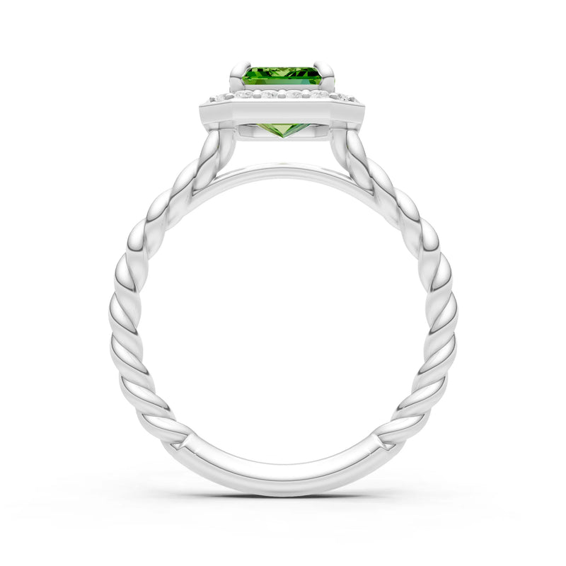 Peridot Twisted Vine Emerald Cut Solitaire Halo Ring