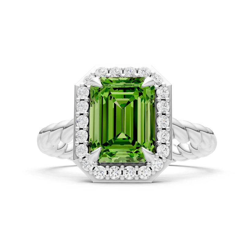 Peridot Twisted Vine Emerald Cut Solitaire Halo Ring