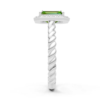 Peridot Twisted Vine Emerald Cut Solitaire Halo Ring