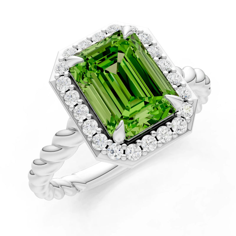Peridot Twisted Vine Emerald Cut Solitaire Halo Ring