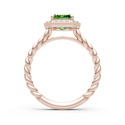 Peridot Twisted Vine Emerald Cut Solitaire Halo Ring