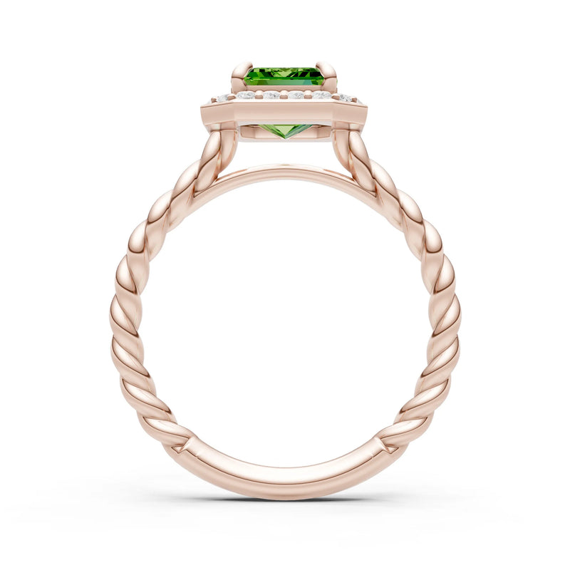 Peridot Twisted Vine Emerald Cut Solitaire Halo Ring