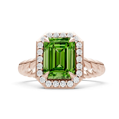 Peridot Twisted Vine Emerald Cut Solitaire Halo Ring