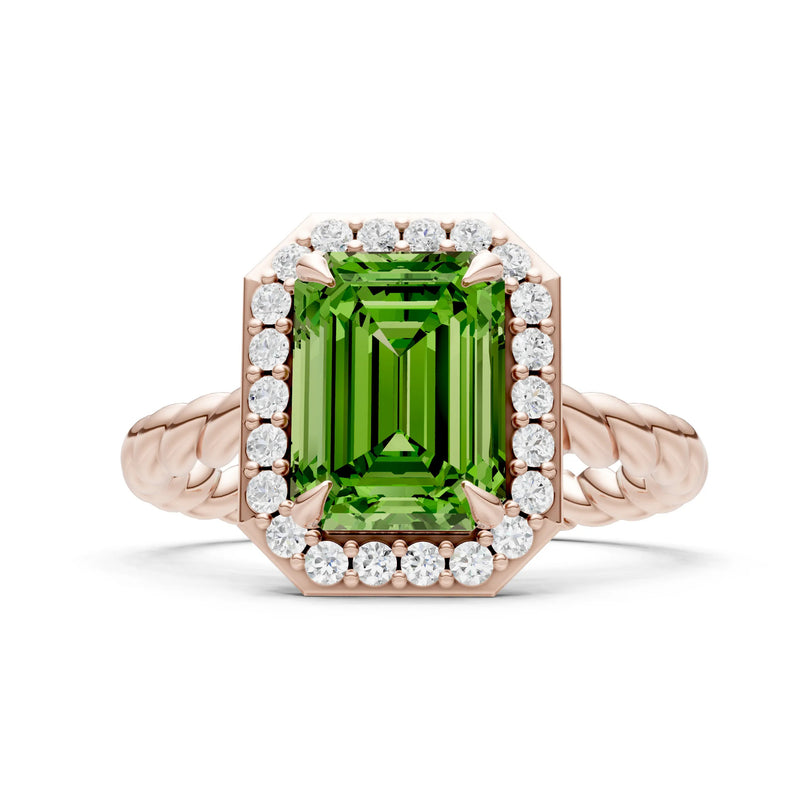 Peridot Twisted Vine Emerald Cut Solitaire Halo Ring
