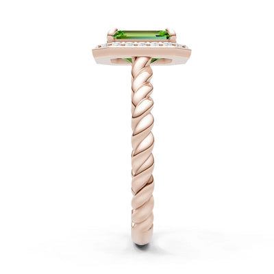 Peridot Twisted Vine Emerald Cut Solitaire Halo Ring