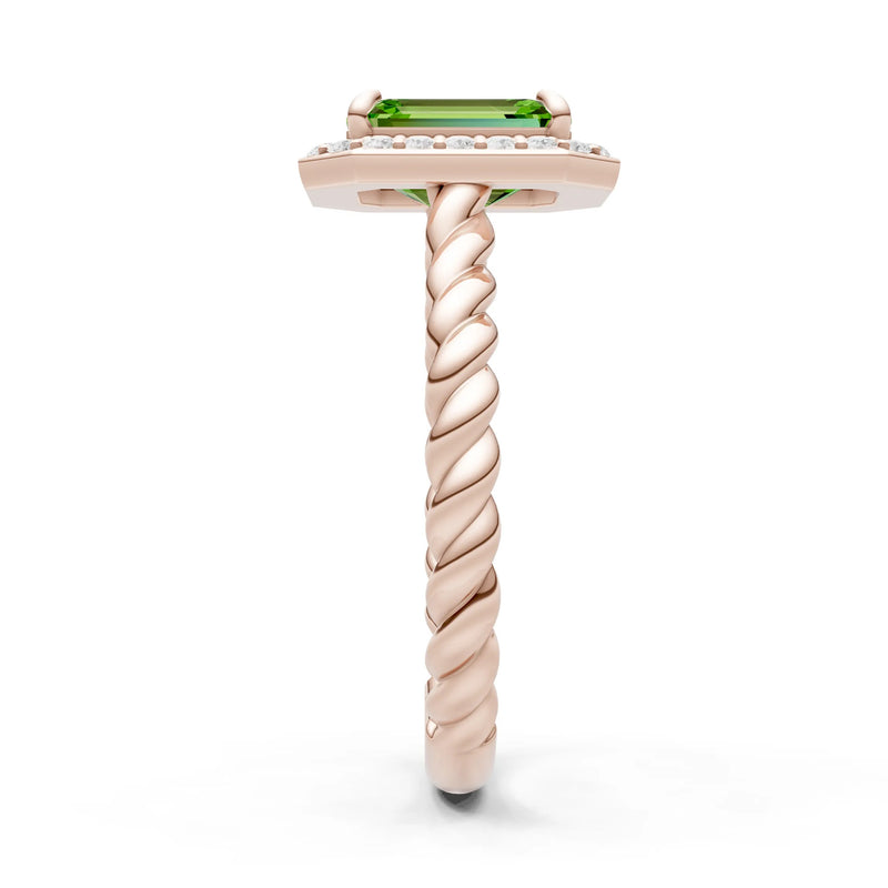 Peridot Twisted Vine Emerald Cut Solitaire Halo Ring
