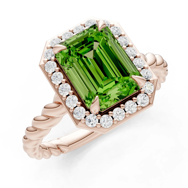Peridot Twisted Vine Emerald Cut Solitaire Halo Ring
