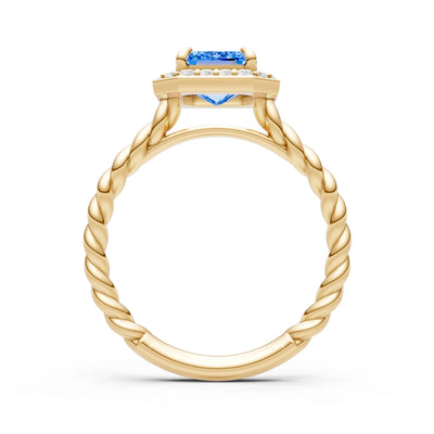 Swiss Blue Topaz Twisted Vine Emerald Cut Solitaire Halo Ring