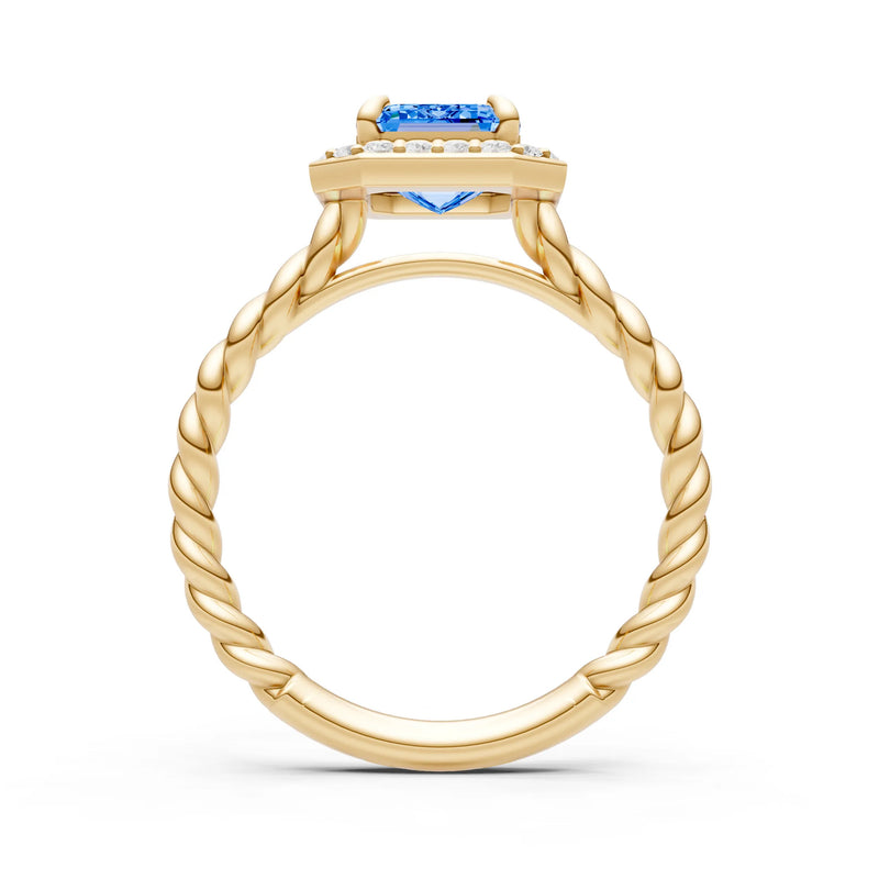 Swiss Blue Topaz Twisted Vine Emerald Cut Solitaire Halo Ring