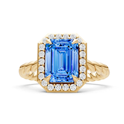 Swiss Blue Topaz Twisted Vine Emerald Cut Solitaire Halo Ring