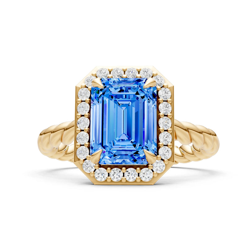 Swiss Blue Topaz Twisted Vine Emerald Cut Solitaire Halo Ring