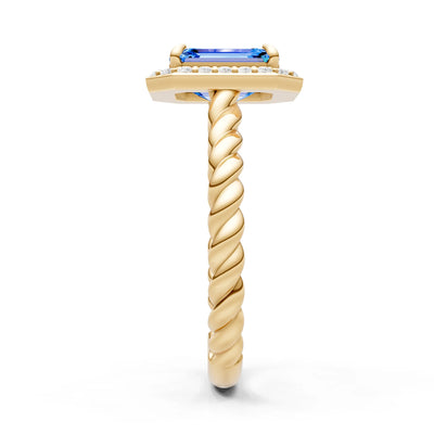 Swiss Blue Topaz Twisted Vine Emerald Cut Solitaire Halo Ring