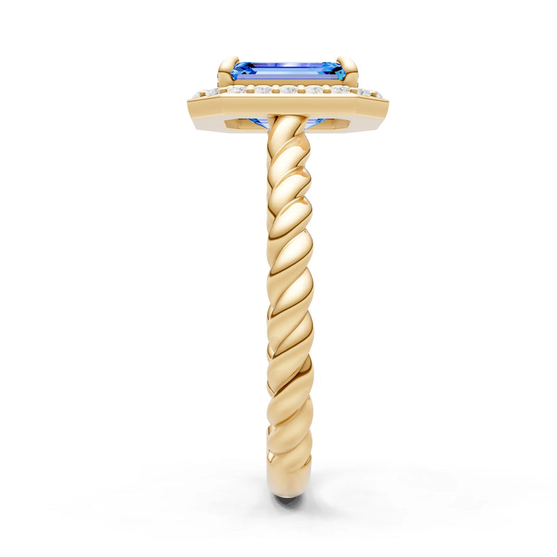 Swiss Blue Topaz Twisted Vine Emerald Cut Solitaire Halo Ring