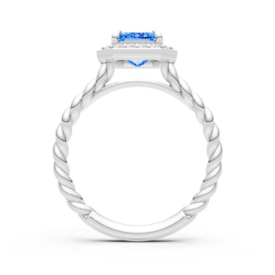 Swiss Blue Topaz Twisted Vine Emerald Cut Solitaire Halo Ring