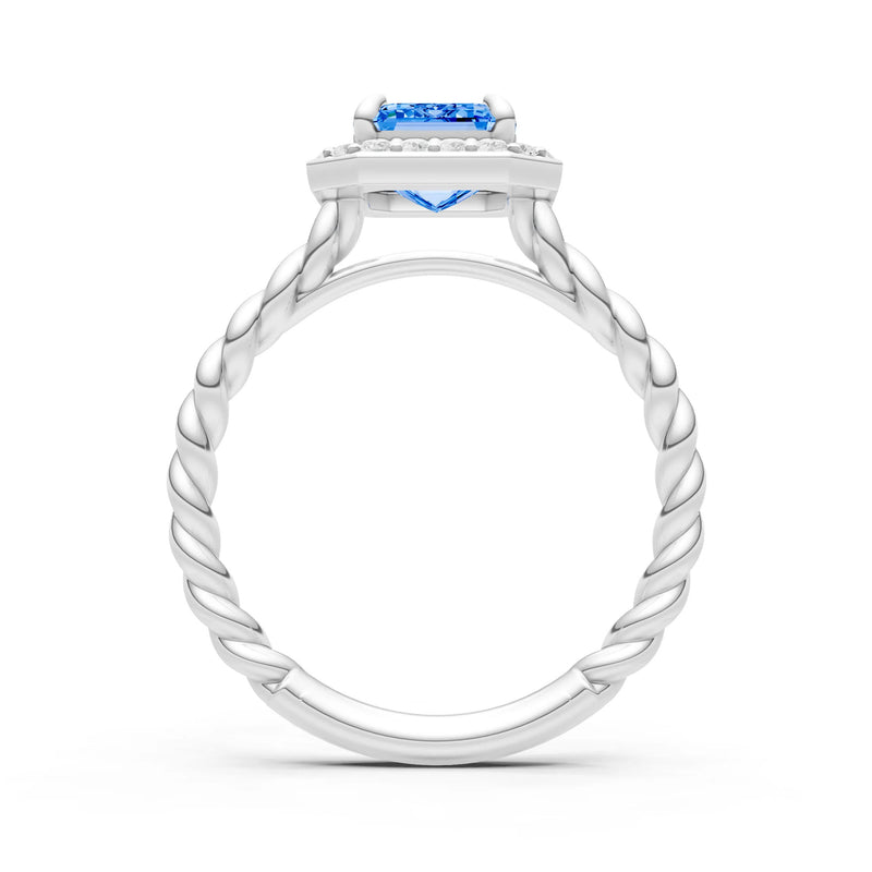 Swiss Blue Topaz Twisted Vine Emerald Cut Solitaire Halo Ring
