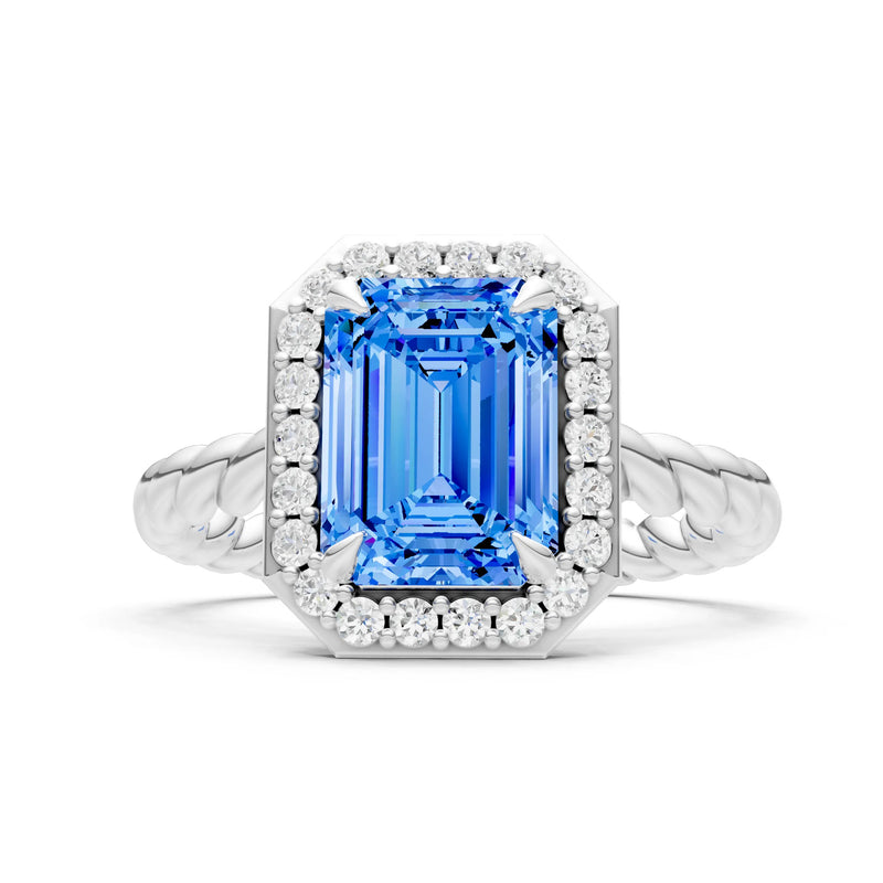 Swiss Blue Topaz Twisted Vine Emerald Cut Solitaire Halo Ring