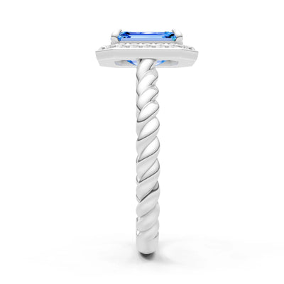 Swiss Blue Topaz Twisted Vine Emerald Cut Solitaire Halo Ring