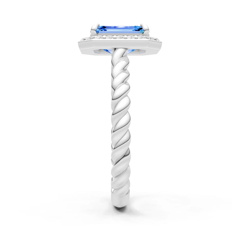 Swiss Blue Topaz Twisted Vine Emerald Cut Solitaire Halo Ring