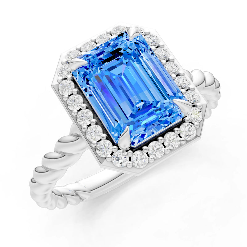 Swiss Blue Topaz Twisted Vine Emerald Cut Solitaire Halo Ring