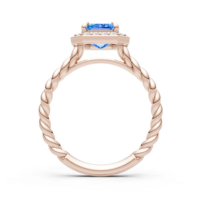 Swiss Blue Topaz Twisted Vine Emerald Cut Solitaire Halo Ring