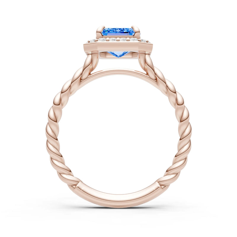 Swiss Blue Topaz Twisted Vine Emerald Cut Solitaire Halo Ring