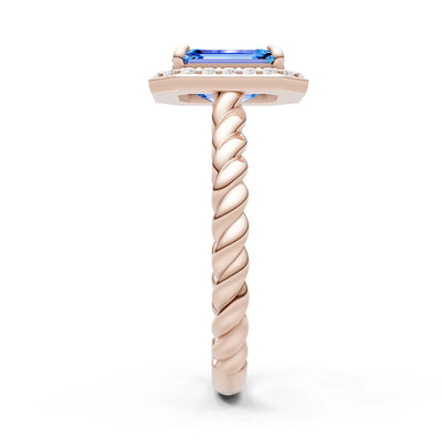 Swiss Blue Topaz Twisted Vine Emerald Cut Solitaire Halo Ring