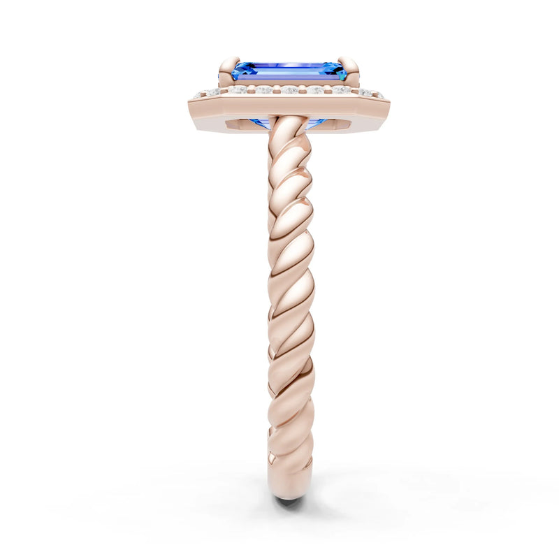 Swiss Blue Topaz Twisted Vine Emerald Cut Solitaire Halo Ring