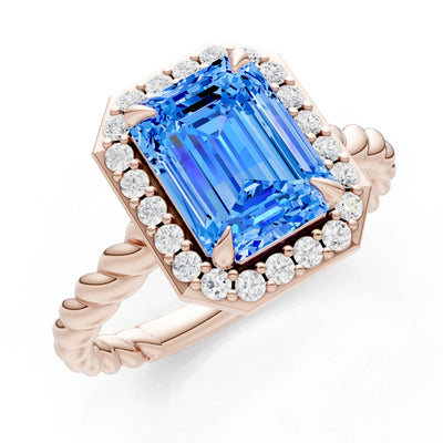 Swiss Blue Topaz Twisted Vine Emerald Cut Solitaire Halo Ring