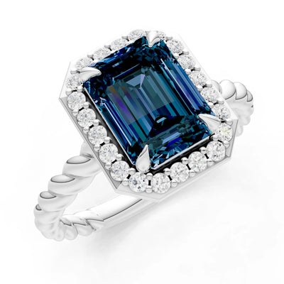 Twisted Vine Emerald Cut Solitaire Halo Ring