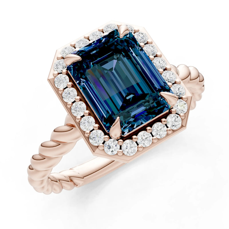 Twisted Vine Emerald Cut Solitaire Halo Ring