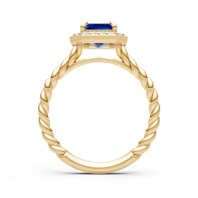 Blue Sapphire Twisted Vine Emerald Cut Solitaire Halo Ring