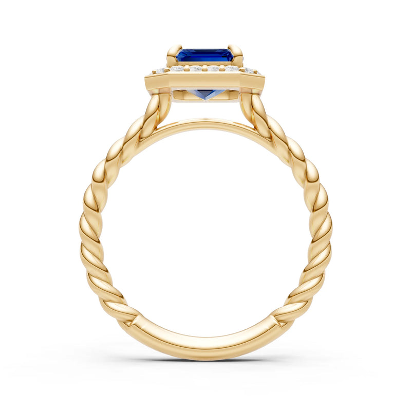 Blue Sapphire Twisted Vine Emerald Cut Solitaire Halo Ring