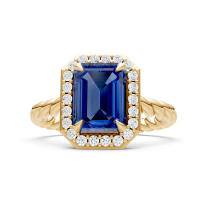 Blue Sapphire Twisted Vine Emerald Cut Solitaire Halo Ring