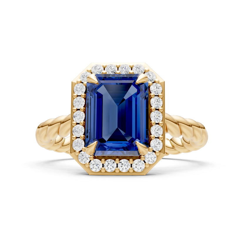 Blue Sapphire Twisted Vine Emerald Cut Solitaire Halo Ring