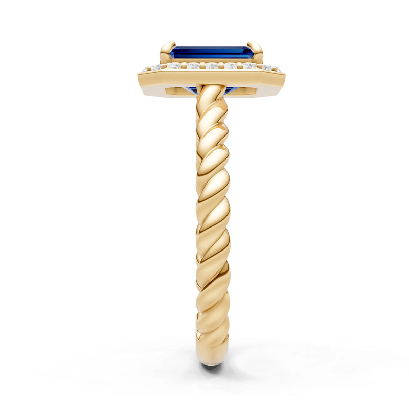 Blue Sapphire Twisted Vine Emerald Cut Solitaire Halo Ring