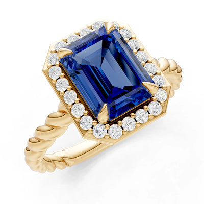 Blue Sapphire Twisted Vine Emerald Cut Solitaire Halo Ring